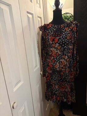 Anthropologie Kachel Black Long Sleeve Floral Ruffle-Hem Dress - Orange & White